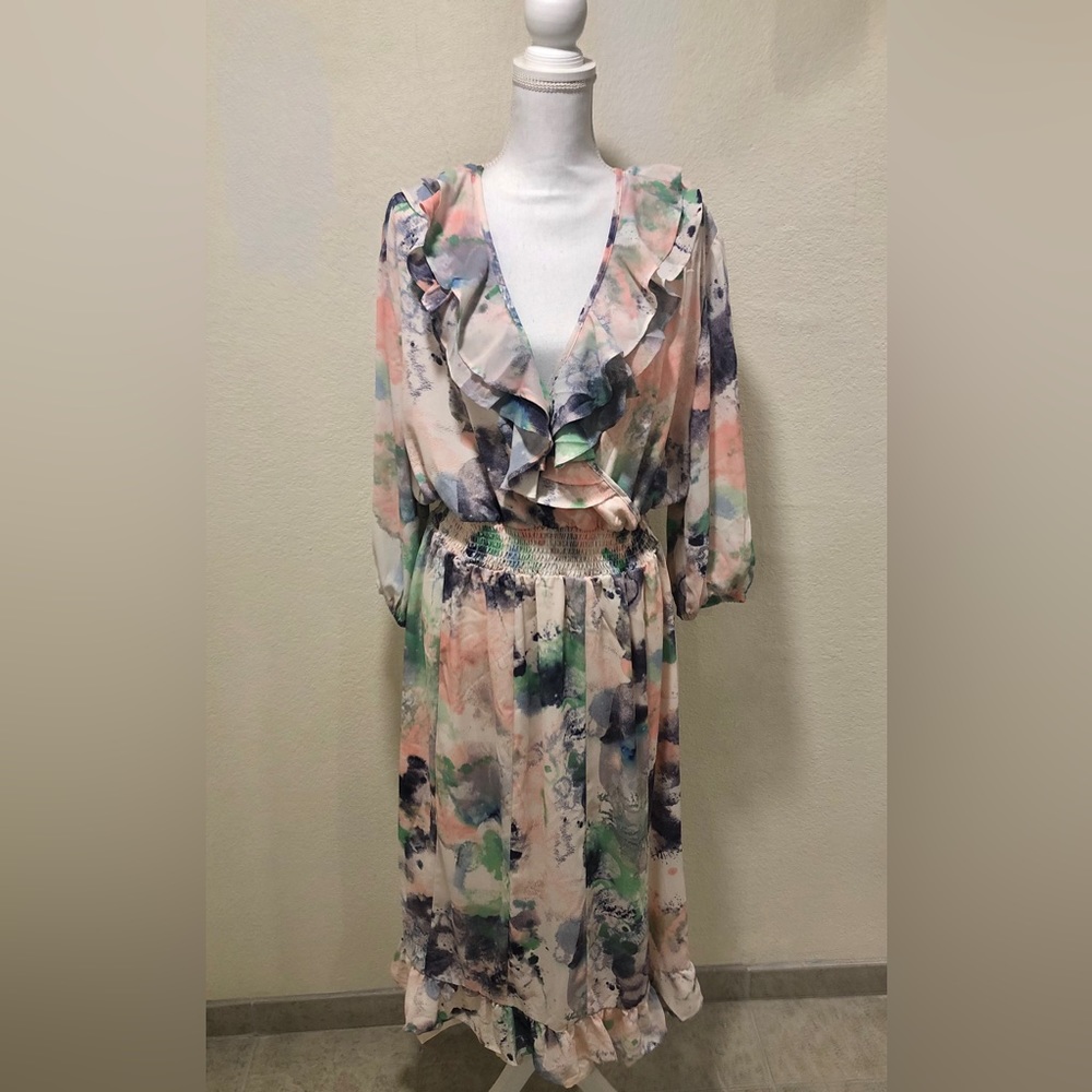 MELISSA MCCARTHY SEVEN7 - FIT & FLARE V-NECK "WATERCOLOR" DRESS (size: XL) NWT